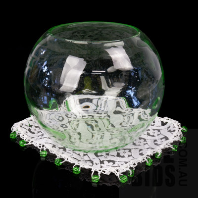Large Uranium Glass Ball Vase with a Jug Cover with Uranium Glass Beads