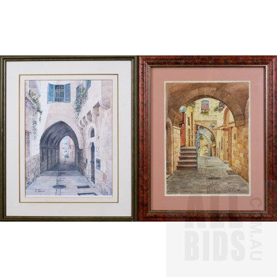 G. Topouz, Old City Street, Watercolour, 39 x 29 cm, together with a Reproduction Print (2)