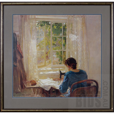 Framed Hans Heysen Reproduction Print, Sewing (The Artist's Wife) 1913, 58 x 58 cm