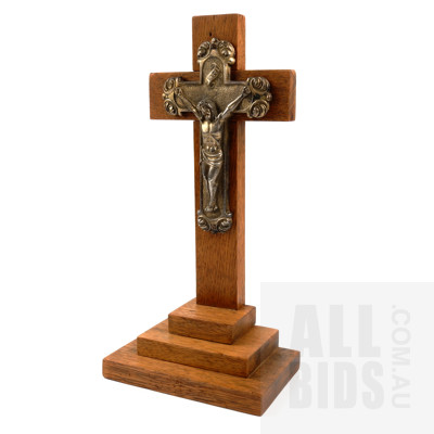 Vintage Nickel Plated and Timber Mantle Crucifix