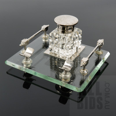 Vintage Crystal Inkwell with Silverplate Lid on Glass stand