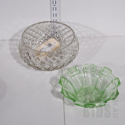 Large Vintage Cut Crystal Bowl and a Green Depression Glass Vase (2)
