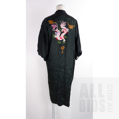 Vintage Asian Black Silk Embroidered Dragon 3/4 Lined Robe