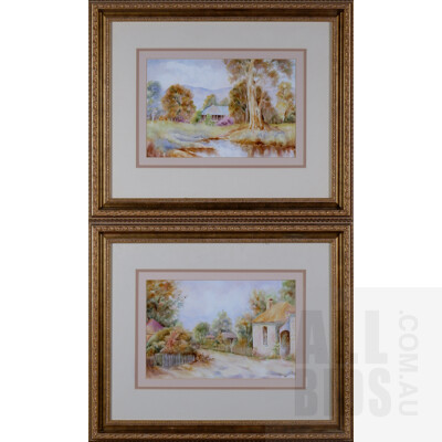 R. Budworth, Pair of Cottage Scenes on Porcelain dated 1944, Each 19 x 28 cm
