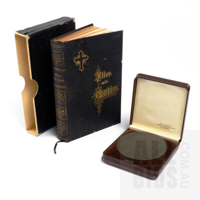 Antique German Bible Circa 1897 and a Boxed Commemorative Medallion of Christ by Carl Poellath 1984