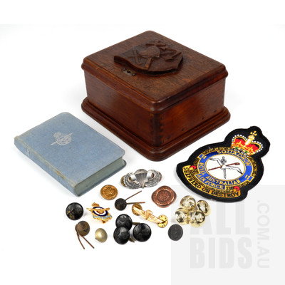 Vintage Oak Box with Sword & Anchor Crest Containing Air Force Badges and an Australian Air Force Bible