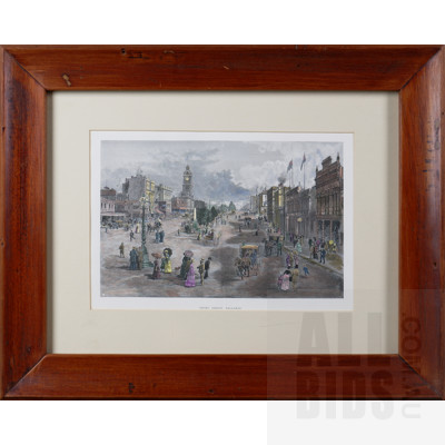 Sturt Street, Ballarat c1888, Hand-Painted Antiquarian Print in Cedar Frame, 17.5 x 27 cm