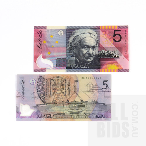 Australian $5 Note EA01547740 and Another Australian $5 Note with Green Serial Number, CG 93670575