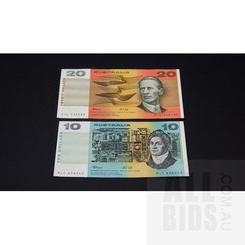 Australian $10 Fraser/ Cole $10 Note MLC636243 and Fraser/Cole $20 Note RTU928589