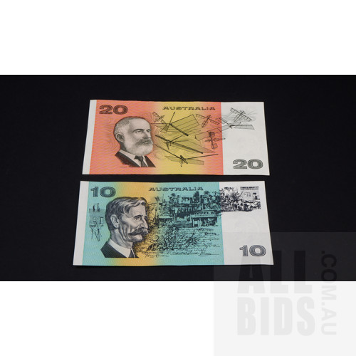 Australian $10 Fraser/ Cole $10 Note MLC636243 and Fraser/Cole $20 Note RTU928589