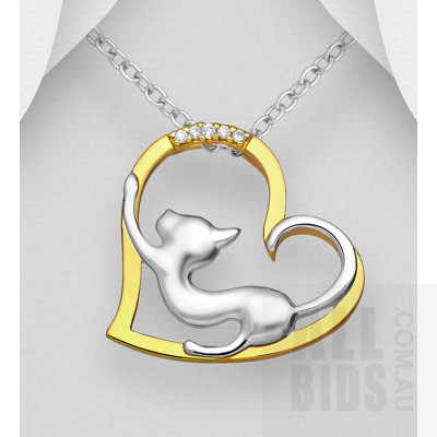 Sterling Silver and 18ct Gold Plated Cat & Heart Pendant