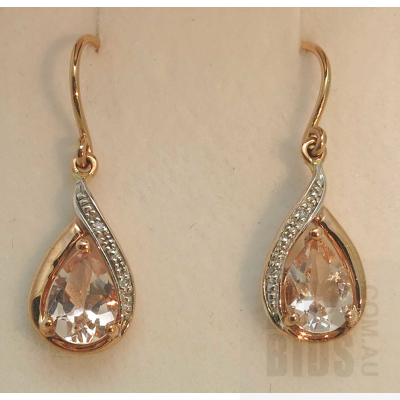 9ct Gold Earrings - set with Natural Morganites and Diamonds