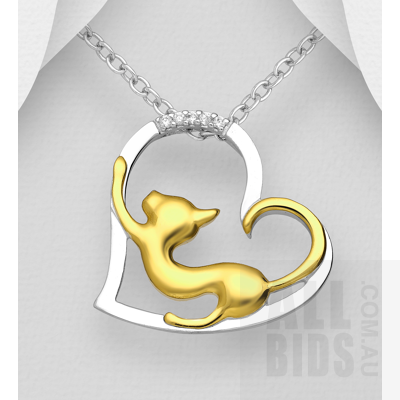 Sterling Silver Cat & Heart pendant, partly 18ct Gold Plated