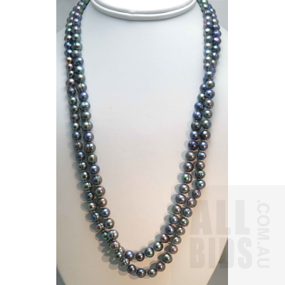 Extra Long Necklace of Peacock Black Freshwater Pearls