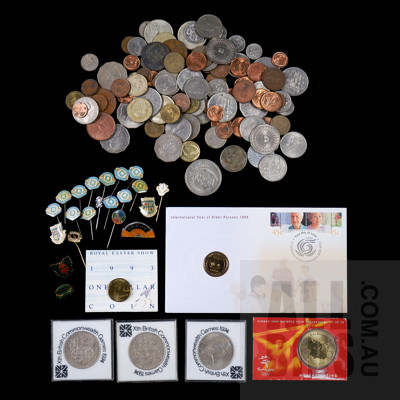 Collection of Australian and International Coins and Tokens, Including Two 1966 50c Coins, QBN Rugby Pins, 1974 Commonwealth Games Coins and More