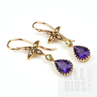 9ct Yellow Gold Amethyst, Citrine and Seed Pearl Earrings, 2.10g
