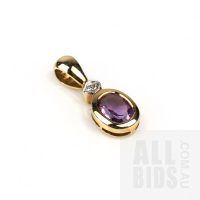 9ct Yellow Gold Pendant with Amethyst and Single Cut Diamonds, 0.6g