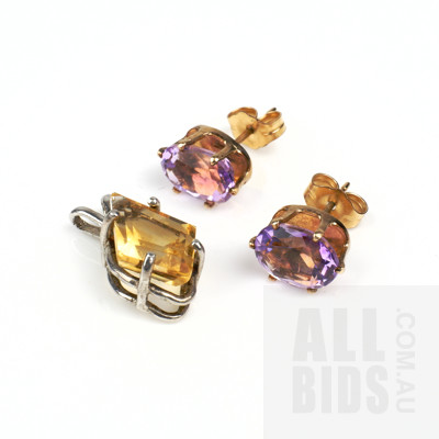 Rolled Gold Amethyst Earrings and Silver Citrine Pendant