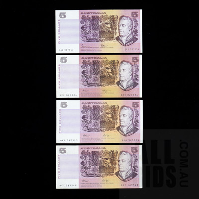 Four Australian $5 Notes, Fraser/Cole (2), Johnston/Fraser and Fraser/ Higgins