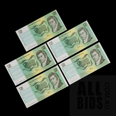 Five Australian Johnston/ Fraser $2 Notes, LGB, LFD, LLL, LLD, and LLY