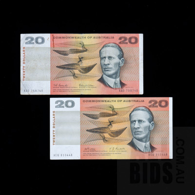 Two Australian $20 Notes, Phillips/ Randall XEU 855448 and Coombs/ Wilson XAD758740