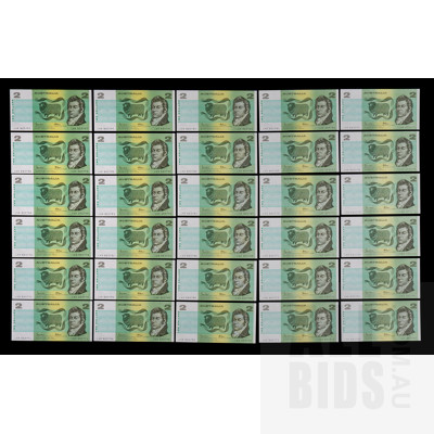 Thirty Consecutively Numbered Australian Johnston/ Fraser $2 Notes,  LHR803770- LHR803799