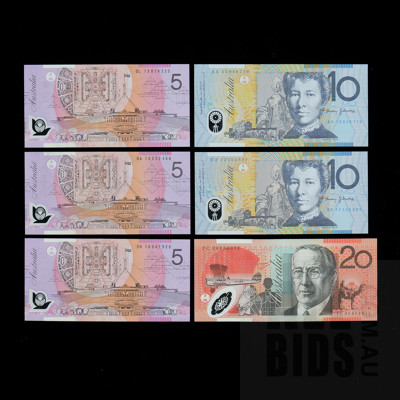 Collection of Australian Banknotes, $20 FC08653072, $10 AA15848716, $10 BD12555891 and Three $5 Notes