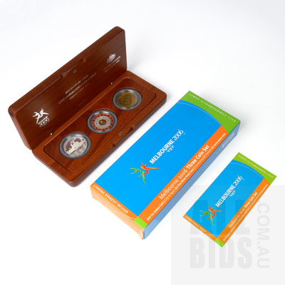 Melbourne 2006 Three Coin Ste, $50 Tri Colour Coin, $5 Silver Proof and $5 Uncirculated Coin