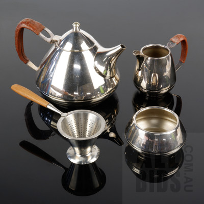 Retro Silver Plate Teapot, Sugar Bowl, Jug and Norwegian Riddervold Strainer