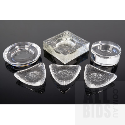 Collection Retro Scandinavian Glass Ware Including Signed Orrefors Ashtray, Orrefors Candle Holder, Three Matching Triangular Dishes and Another Dish