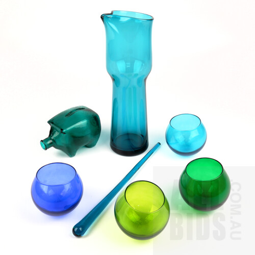 Collection Retro Glass Ware Including Pig Form Money Box, Blue Glass Carafe with Matching Stirrer and Four Colored Glasses
