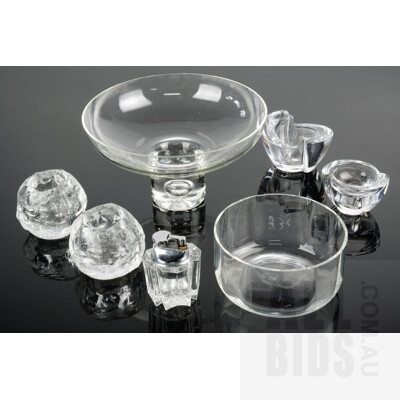 Collection Retro Glassware Including Two Kosta Boda Snowball Votives with Labels, Table Lighter, Large Footed Dish and More