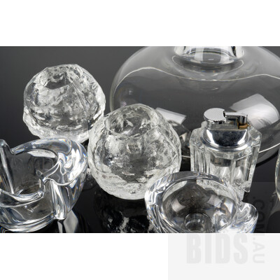 Collection Retro Glassware Including Two Kosta Boda Snowball Votives with Labels, Table Lighter, Large Footed Dish and More