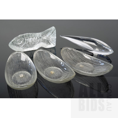 Hand Made Art Glass Fish Sculpture, Fish Form Retro Glass Platter and Three English Cascade Glass Dishes with Original Labels