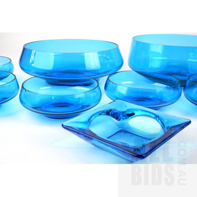 Retro Blue Glass Set Consisting of Two Serving Bowls, Six  Matching Small Bowls and Ashtray
