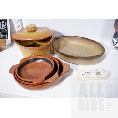 Five Pieces Pottery Including Dianna Casserol with Lid, Denby Stoneware Dish and Three Lapid Garduating Dishes