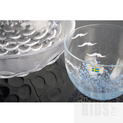 Lindshammer Swedish Seagull Glass Bowl with Original Label and Mid Century Scandinavian Glass Grape Motif Serving Bowl