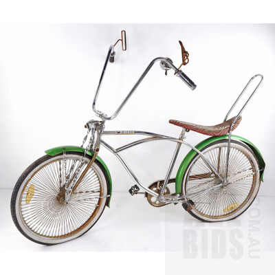 Retro Style Low Rider Dragster Style Bicycle with Heavily Spoked Wheels and Back Rest