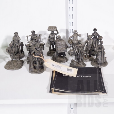 12 Franklin Mint The Cryer's of London Pewter Figures Including The Chimney Sweep, The Muffin Man, The Fish Woman and More and 11 Booklets