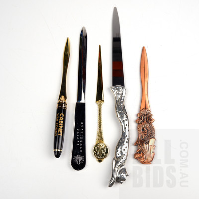Five Vintage Letter Openers including Jaguar Handle, Gold Coloured Sixpence and Cabinet War Rooms (5)