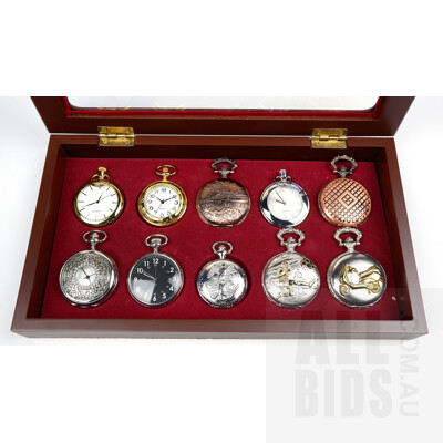 Ten Antique Style Fob Watches in Perspex Topped Display Case