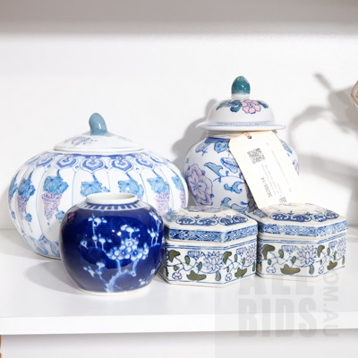 Contemporary Chinese Blue and White Prunus Ginger Jar and Other Various Contemporary Chinese Ceramics
