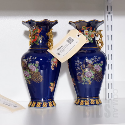 Pair of Cobalt Blue Glazed Vases with Peacock and Foliage Motif
