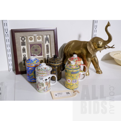Shadow Box Frame with a Display of Replica Antique Chinese Coins, Five Chinese Lidded Porcelain Mugs and a large Brass Elephant Figurine