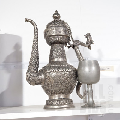 Large Indo Persian Repousse Coffee Pot With Dragon Form Handle and a Metal Goblet
