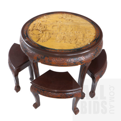 Chinese Circular Table with Carved Top and Set of Five Nesting Stools - Late 20th Century