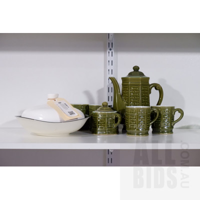 Vintage White Pottery Bulb Vase, Black Johnsons Serving Dish and a Vintage Japanese Part Coffee Set