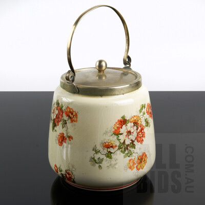 Antique H M & Co England Porcelain Biscuit Jar with Silverplate Handle and Rim
