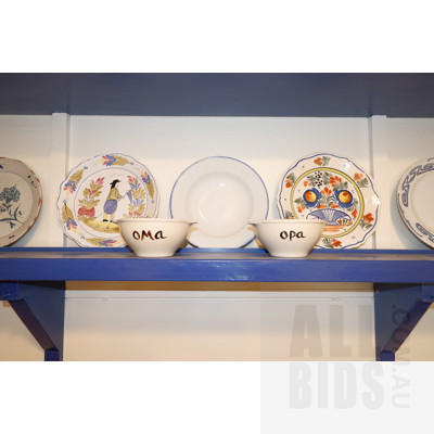 Shelf of European Hand Painted, Transfer Printed and Tin Glazed Display Plates