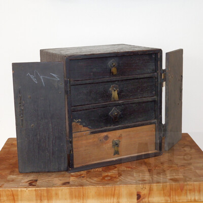 Small Antique Black Lacquer Curio Cabinet with Metal Mounts, Korean or Japanese